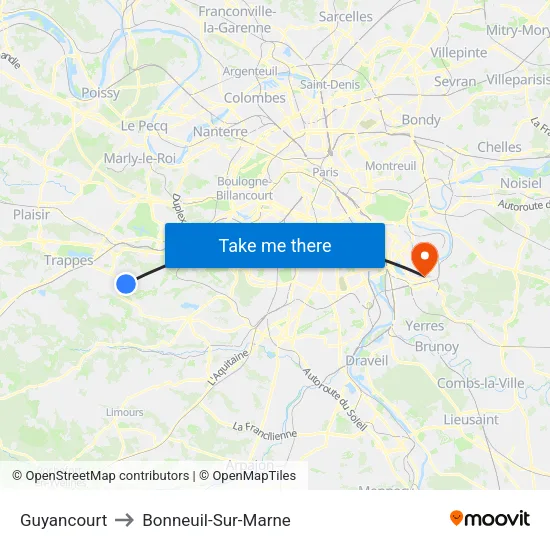 Guyancourt to Bonneuil-Sur-Marne map