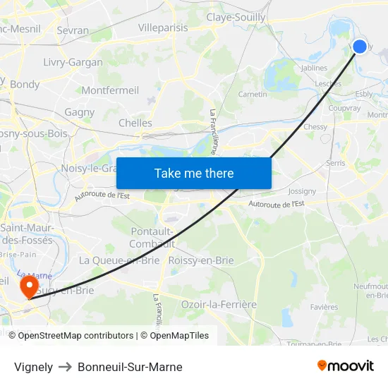 Vignely to Bonneuil-Sur-Marne map