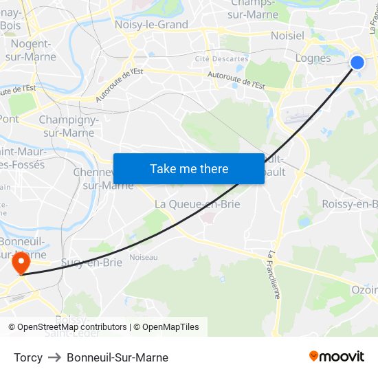 Torcy to Bonneuil-Sur-Marne map