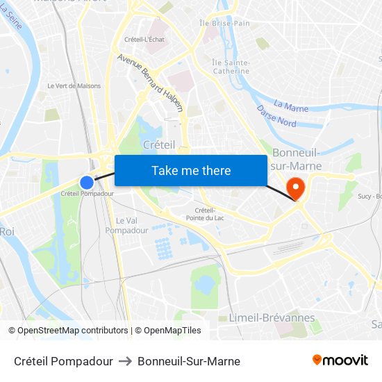 Créteil Pompadour to Bonneuil-Sur-Marne map