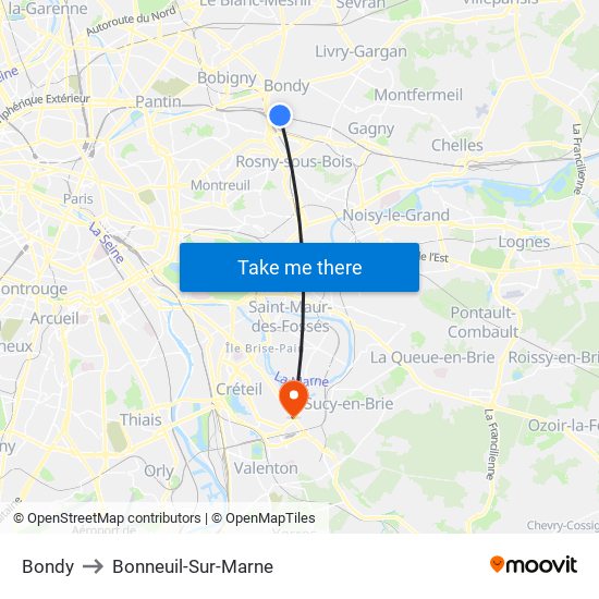 Bondy to Bonneuil-Sur-Marne map