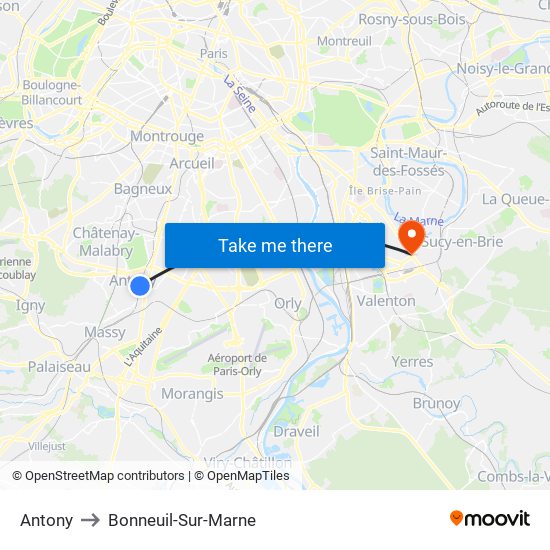 Antony to Bonneuil-Sur-Marne map
