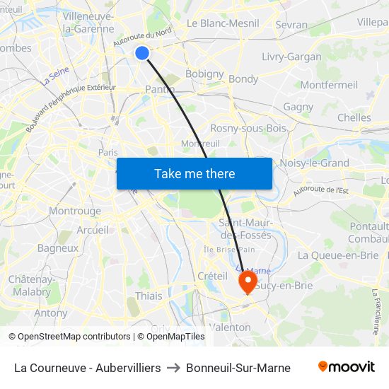 La Courneuve - Aubervilliers to Bonneuil-Sur-Marne map