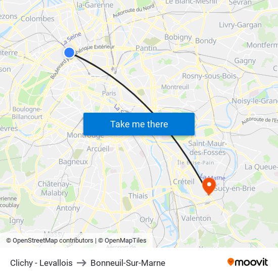 Clichy - Levallois to Bonneuil-Sur-Marne map