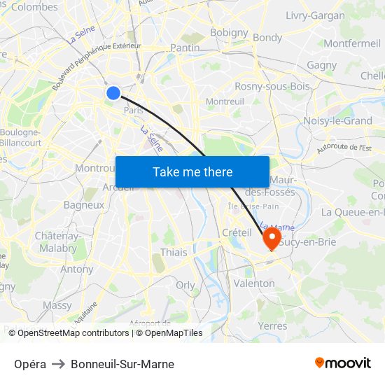 Opéra to Bonneuil-Sur-Marne map