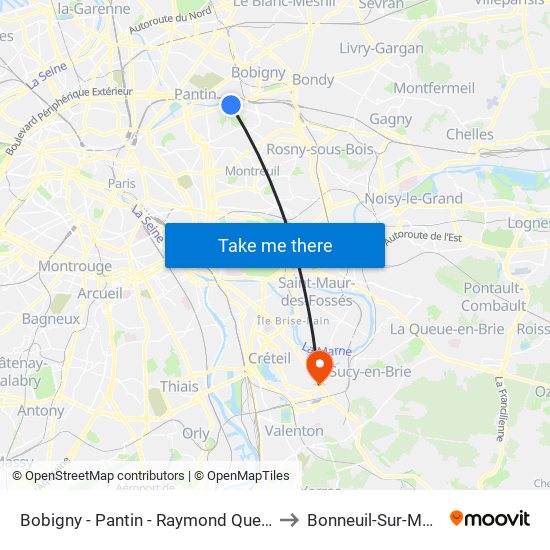 Bobigny - Pantin - Raymond Queneau to Bonneuil-Sur-Marne map