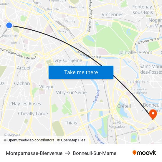 Montparnasse-Bienvenue to Bonneuil-Sur-Marne map