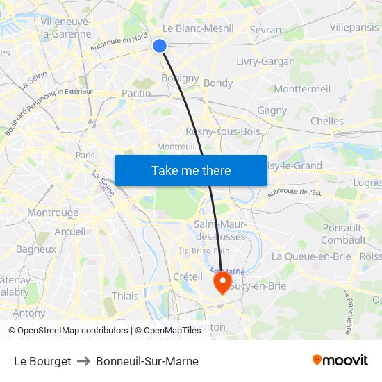 Le Bourget to Bonneuil-Sur-Marne map