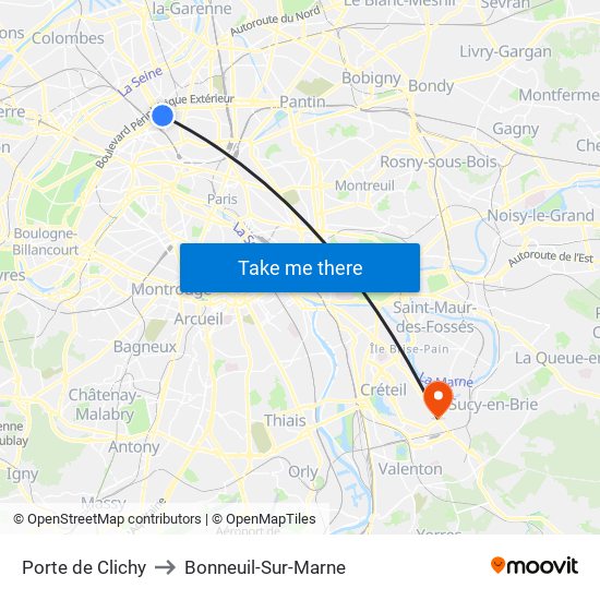 Porte de Clichy to Bonneuil-Sur-Marne map