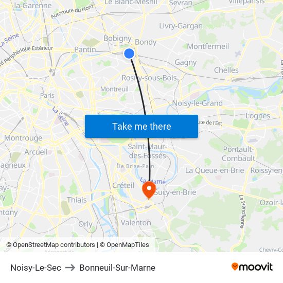 Noisy-Le-Sec to Bonneuil-Sur-Marne map