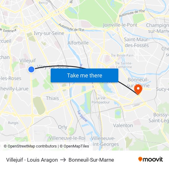 Villejuif - Louis Aragon to Bonneuil-Sur-Marne map