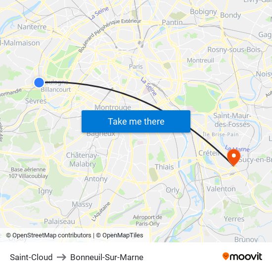Saint-Cloud to Bonneuil-Sur-Marne map