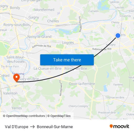 Val D'Europe to Bonneuil-Sur-Marne map