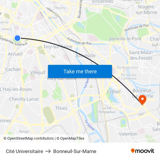Cité Universitaire to Bonneuil-Sur-Marne map