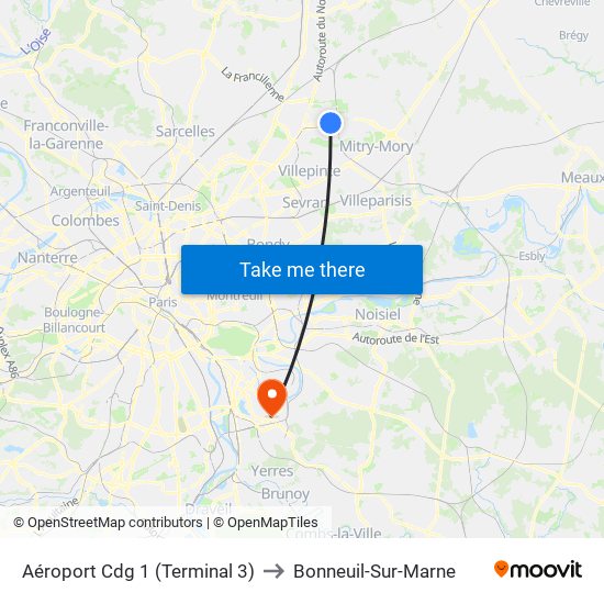 Aéroport Cdg 1 (Terminal 3) to Bonneuil-Sur-Marne map