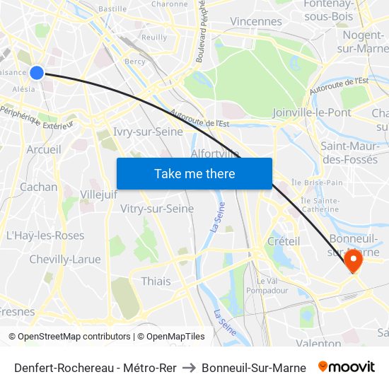 Denfert-Rochereau - Métro-Rer to Bonneuil-Sur-Marne map