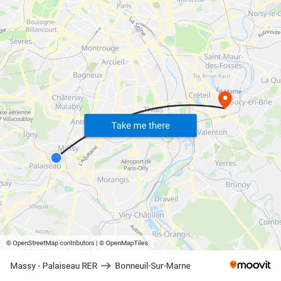 Massy - Palaiseau RER to Bonneuil-Sur-Marne map