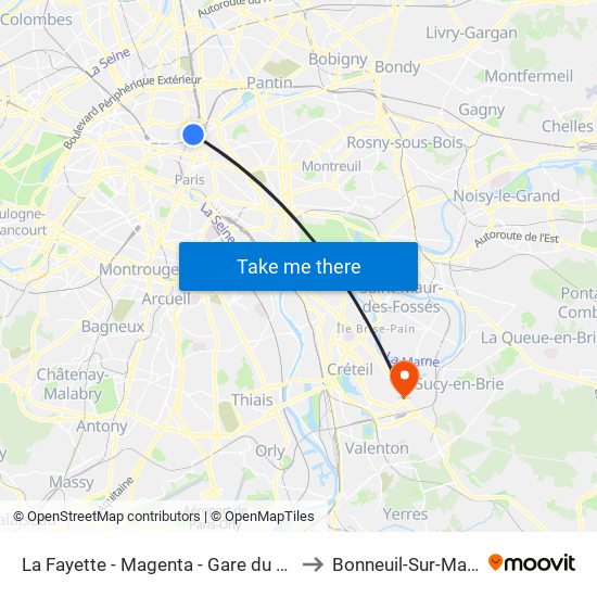 La Fayette - Magenta - Gare du Nord to Bonneuil-Sur-Marne map