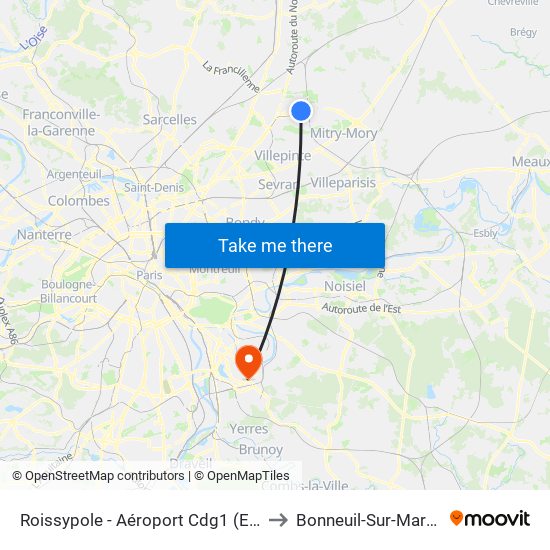 Roissypole - Aéroport Cdg1 (E2) to Bonneuil-Sur-Marne map