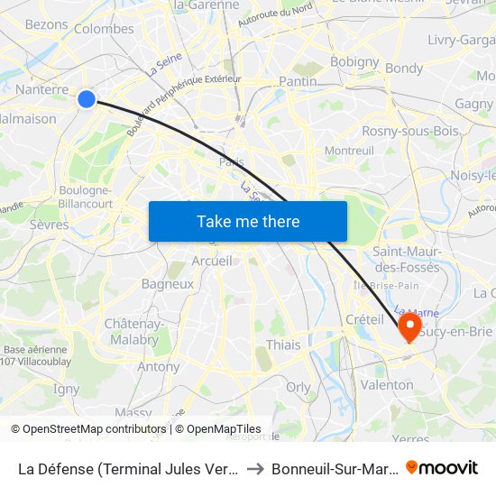 La Défense (Terminal Jules Verne) to Bonneuil-Sur-Marne map