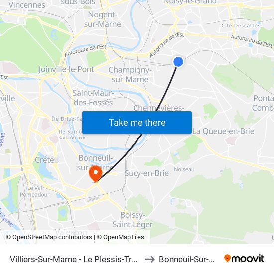 Villiers-Sur-Marne - Le Plessis-Trévise RER to Bonneuil-Sur-Marne map