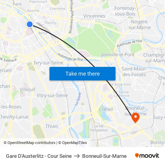 Gare D'Austerlitz - Cour Seine to Bonneuil-Sur-Marne map