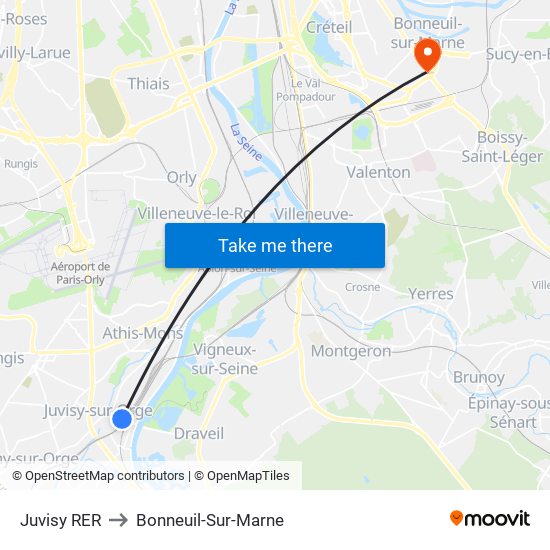 Juvisy RER to Bonneuil-Sur-Marne map