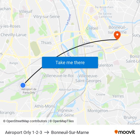 Aéroport Orly 1-2-3 to Bonneuil-Sur-Marne map