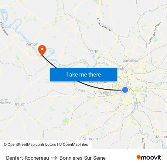 Denfert-Rochereau to Bonnieres-Sur-Seine map