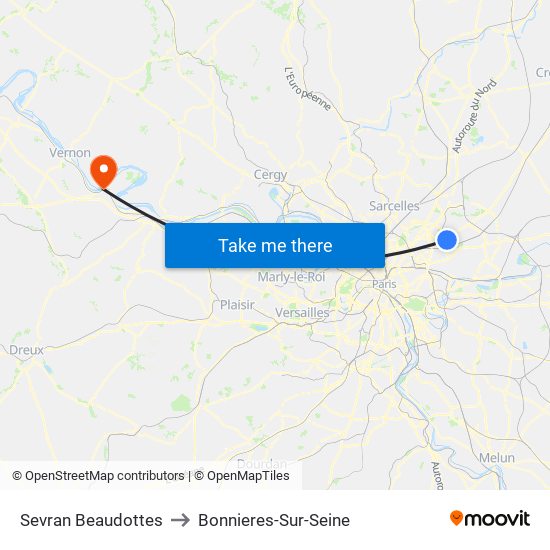 Sevran Beaudottes to Bonnieres-Sur-Seine map