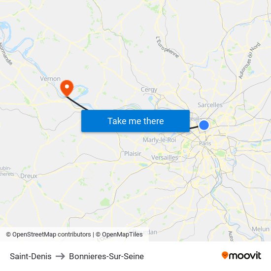 Saint-Denis to Bonnieres-Sur-Seine map