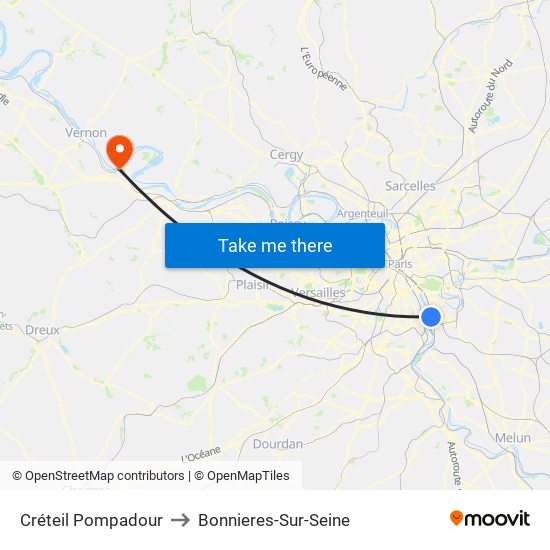 Créteil Pompadour to Bonnieres-Sur-Seine map