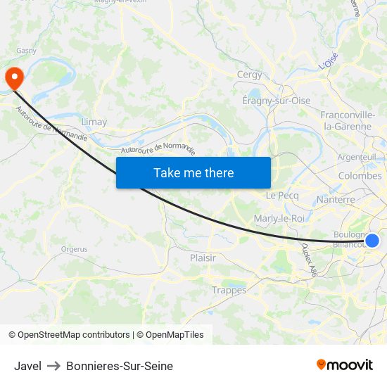 Javel to Bonnieres-Sur-Seine map