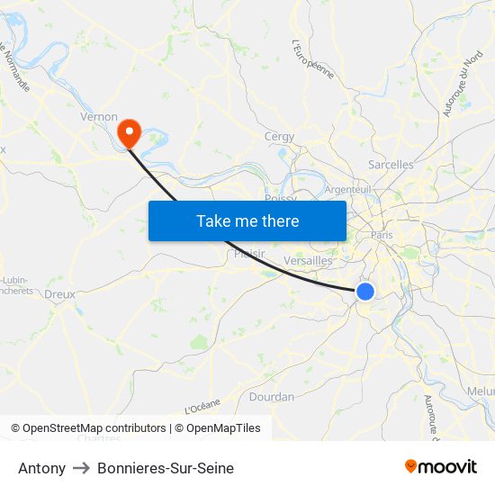 Antony to Bonnieres-Sur-Seine map
