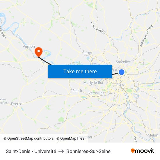 Saint-Denis - Université to Bonnieres-Sur-Seine map