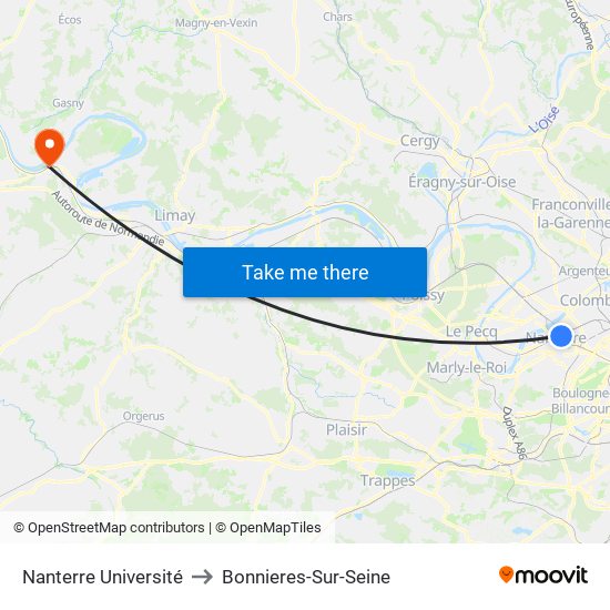 Nanterre Université to Bonnieres-Sur-Seine map