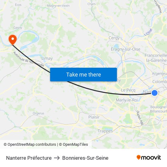Nanterre Préfecture to Bonnieres-Sur-Seine map