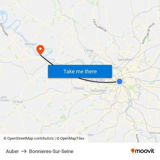 Auber to Bonnieres-Sur-Seine map