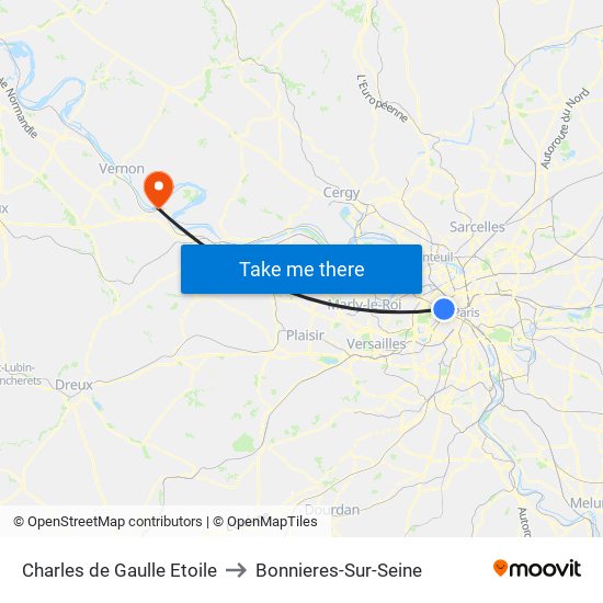 Charles de Gaulle Etoile to Bonnieres-Sur-Seine map