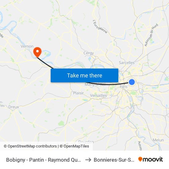 Bobigny - Pantin - Raymond Queneau to Bonnieres-Sur-Seine map
