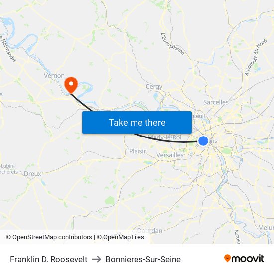 Franklin D. Roosevelt to Bonnieres-Sur-Seine map