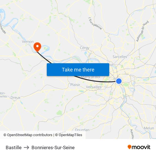 Bastille to Bonnieres-Sur-Seine map