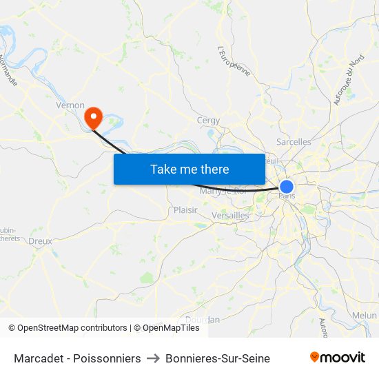 Marcadet - Poissonniers to Bonnieres-Sur-Seine map