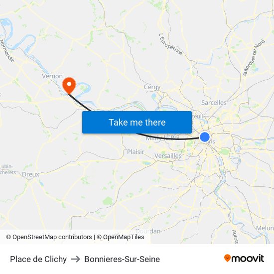 Place de Clichy to Bonnieres-Sur-Seine map