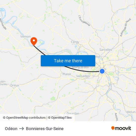 Odéon to Bonnieres-Sur-Seine map