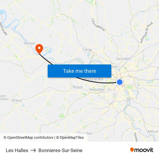 Les Halles to Bonnieres-Sur-Seine map