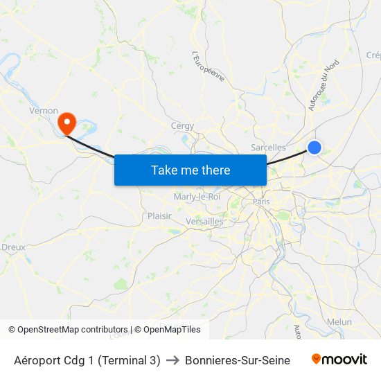 Aéroport Cdg 1 (Terminal 3) to Bonnieres-Sur-Seine map