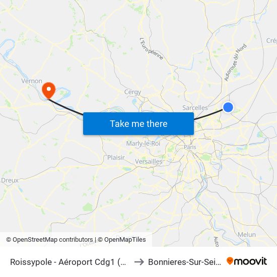 Roissypole - Aéroport Cdg1 (D3) to Bonnieres-Sur-Seine map