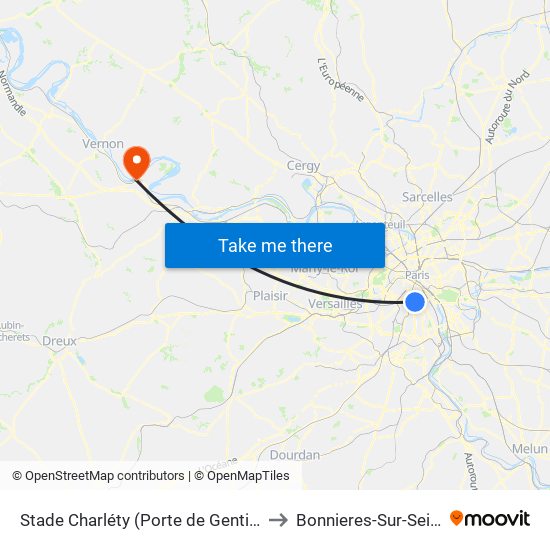 Stade Charléty (Porte de Gentilly) to Bonnieres-Sur-Seine map