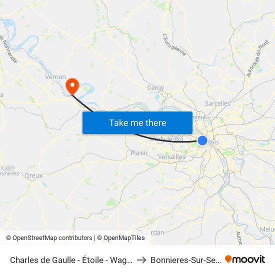 Charles de Gaulle - Étoile - Wagram to Bonnieres-Sur-Seine map